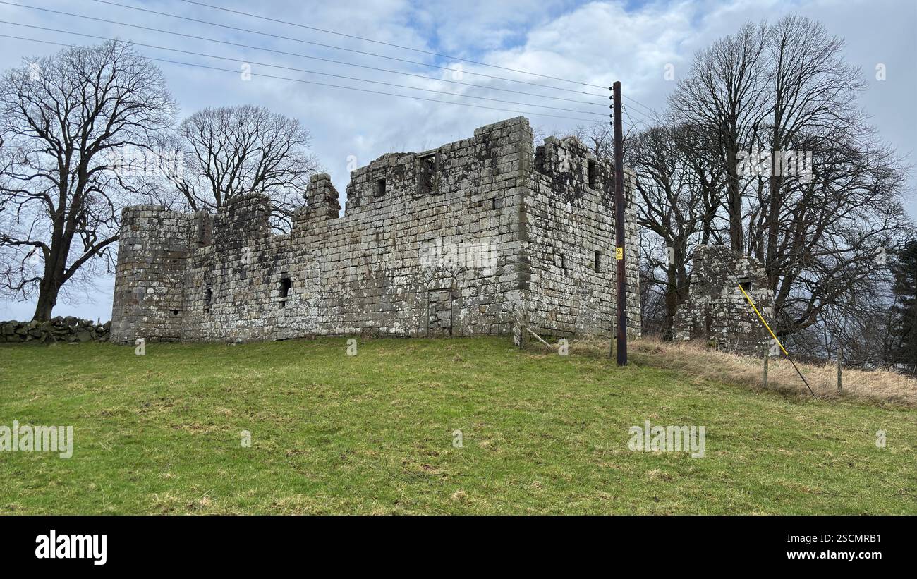 Dowhill Castle ruin in the Scottish landscape. Old abandoned landmark historic medieval architecture landscape - Smartphone Captured Stock Image