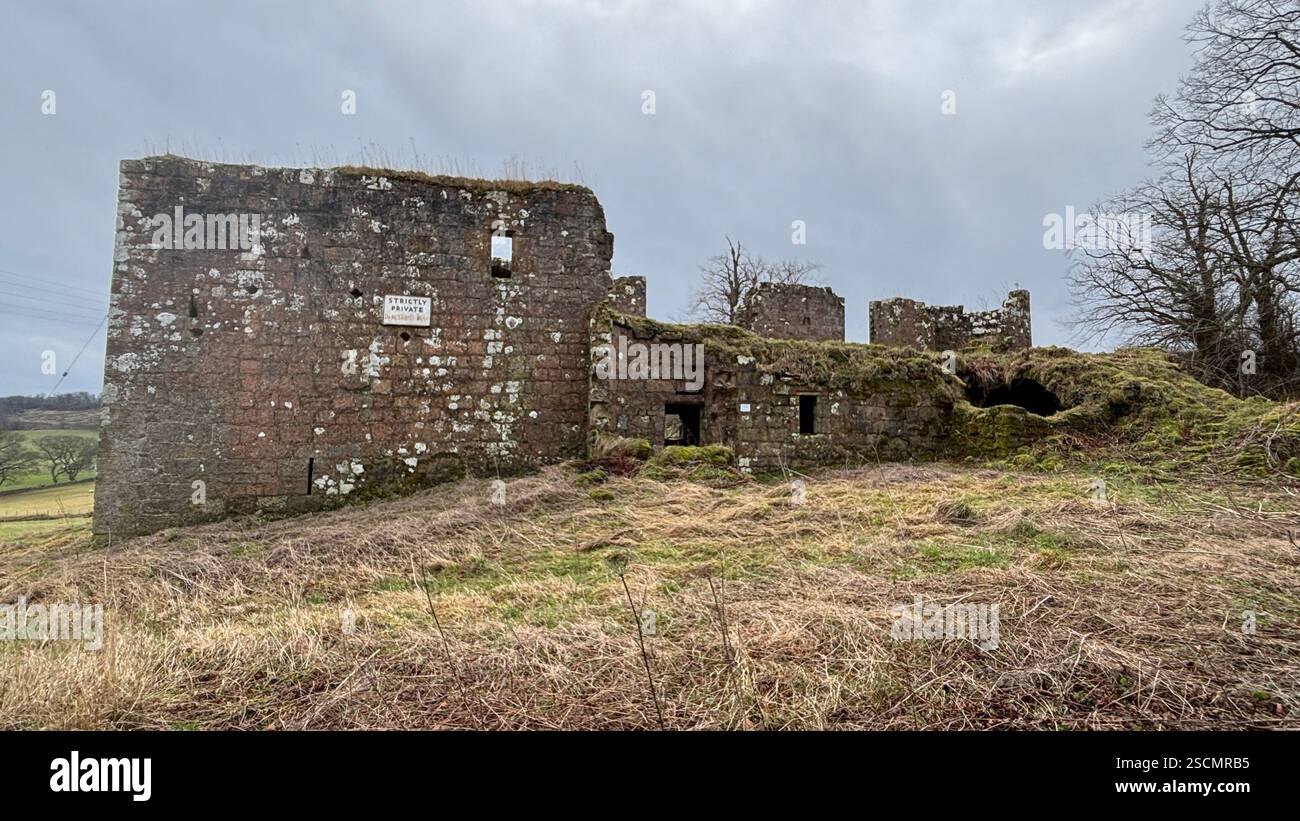 Dowhill Castle ruin in the Scottish landscape. Old abandoned landmark historic medieval architecture landscape - Smartphone Captured Stock Image