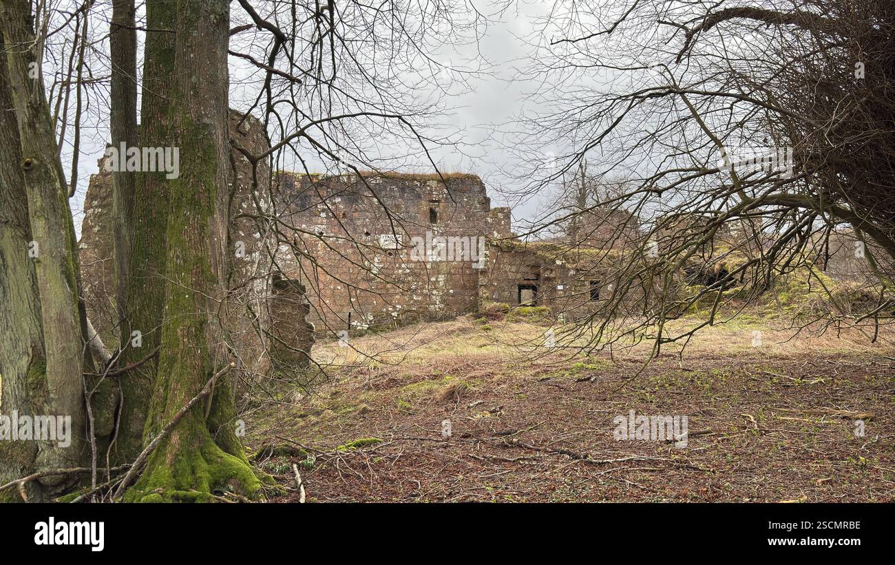 Dowhill Castle ruin in the Scottish landscape. Old abandoned landmark historic medieval architecture landscape - Smartphone Captured Stock Image