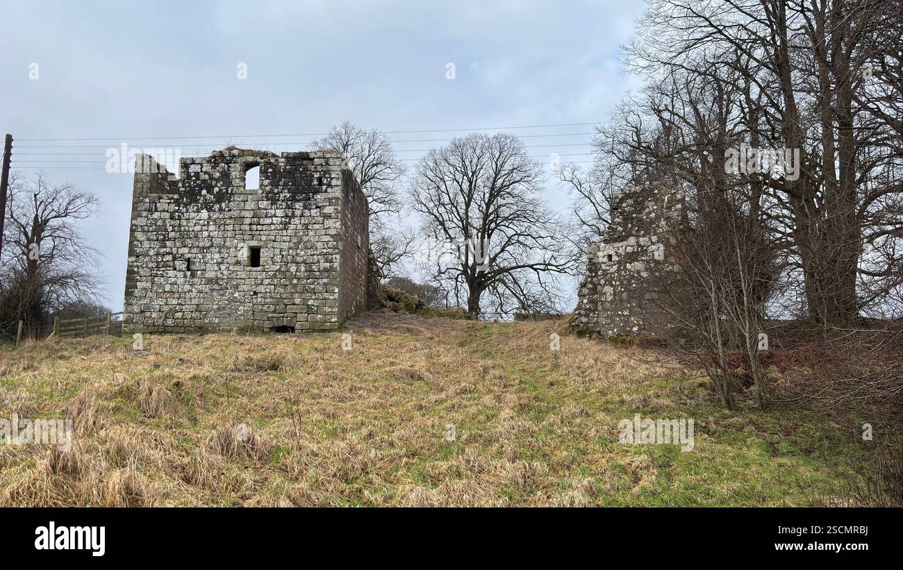Dowhill Castle ruin in the Scottish landscape. Old abandoned landmark historic medieval architecture landscape - Smartphone Captured Stock Image