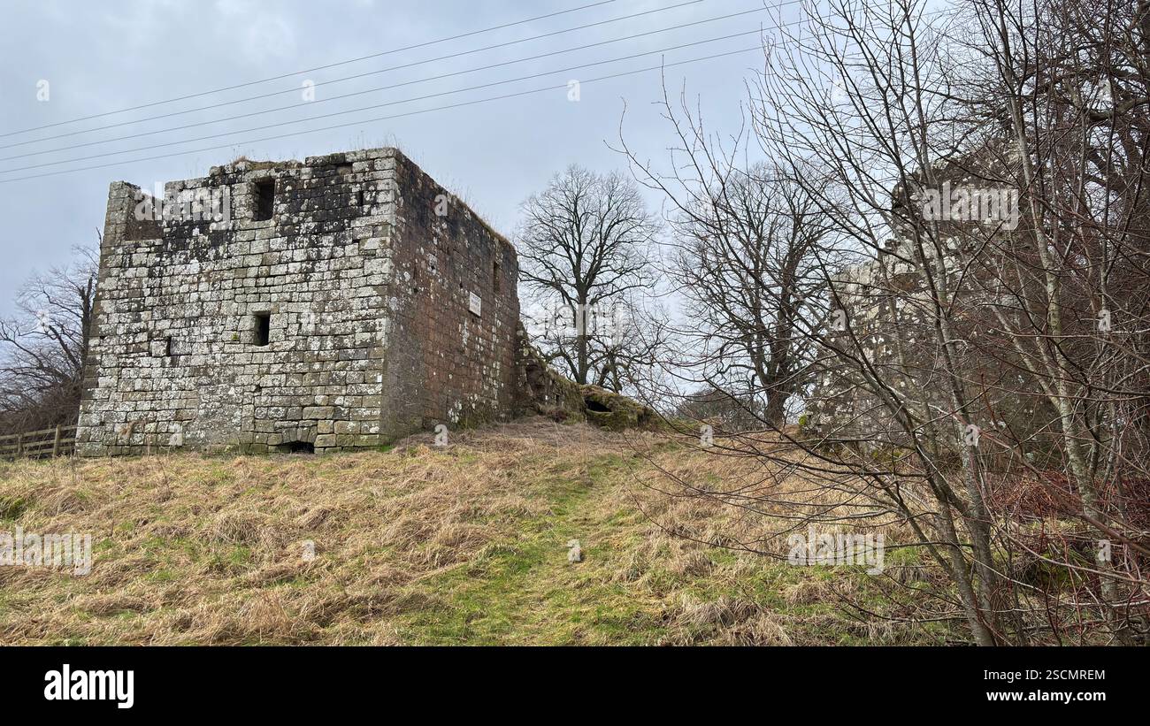 Dowhill Castle ruin in the Scottish landscape. Old abandoned landmark historic medieval architecture landscape - Smartphone Captured Stock Image