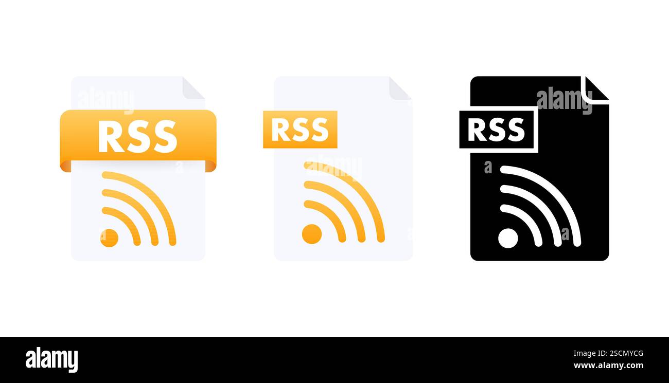 RSS document icons symbolizing web feed formats for online content distribution Stock Vector