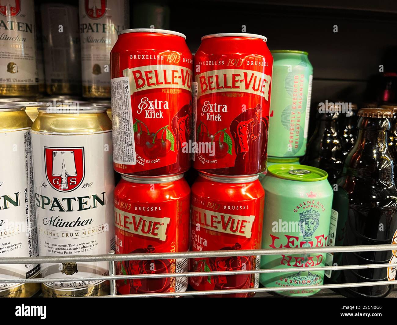 Kyiv, Ukraine - February 04, 2025: Assorted beer cans, including craft and traditional brands, seen on a store shelf. Stock Photo