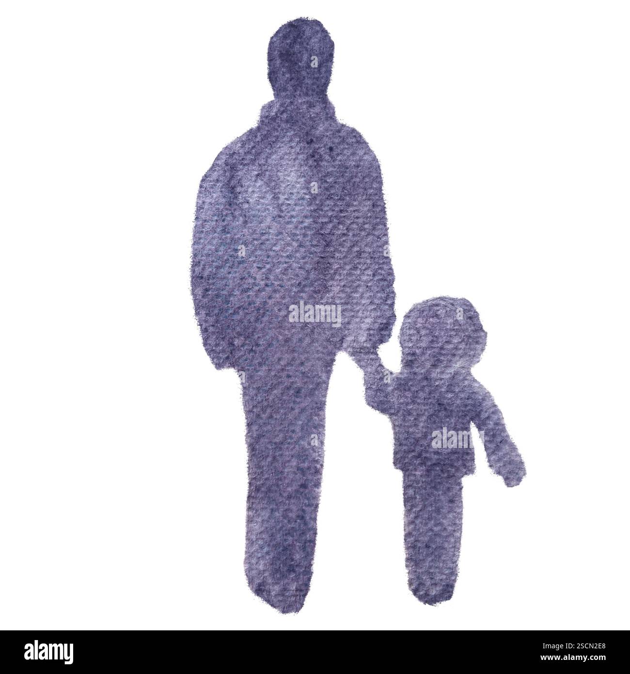 A father holding his daughter by hand, a monochrome watercolor ...