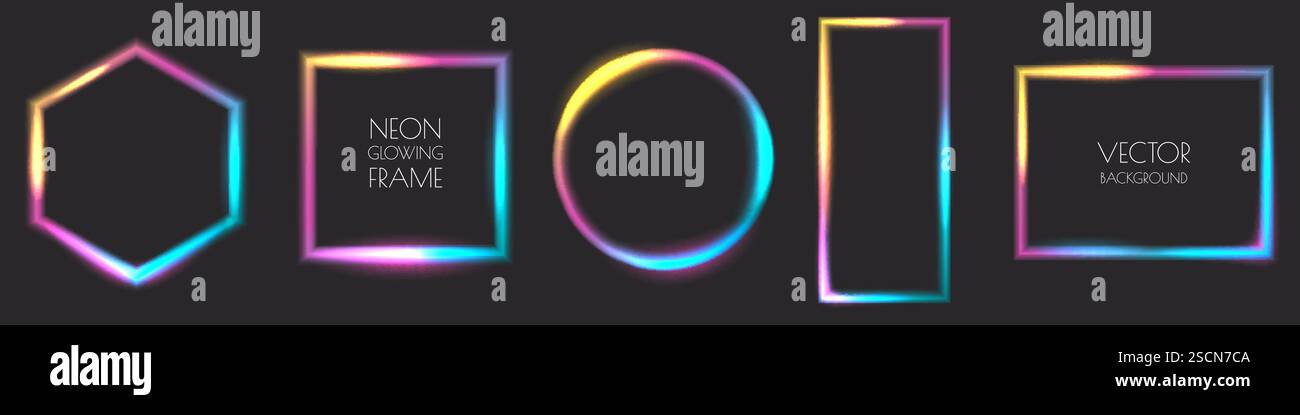 Glowing neon empty frames set. Vector illustration. Color gradient abstract shapes background, banner, poster design elements. Square, rectangle, hexa Stock Vector