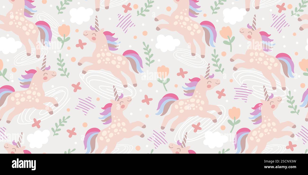 Seamless pattern with cute doodle unicorns on a colored background ...