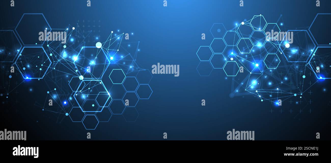 Abstract scientific vector background. Interweaving on a dark blue gradient of hexagons of different shapes with a plexus effect. Stock Vector