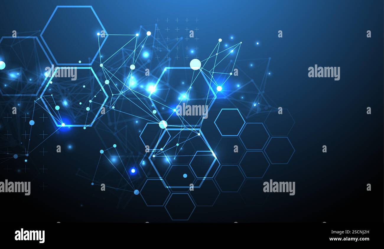 Abstract scientific vector background. Interweaving on a dark blue gradient of hexagons of different shapes with a plexus effect. Stock Vector