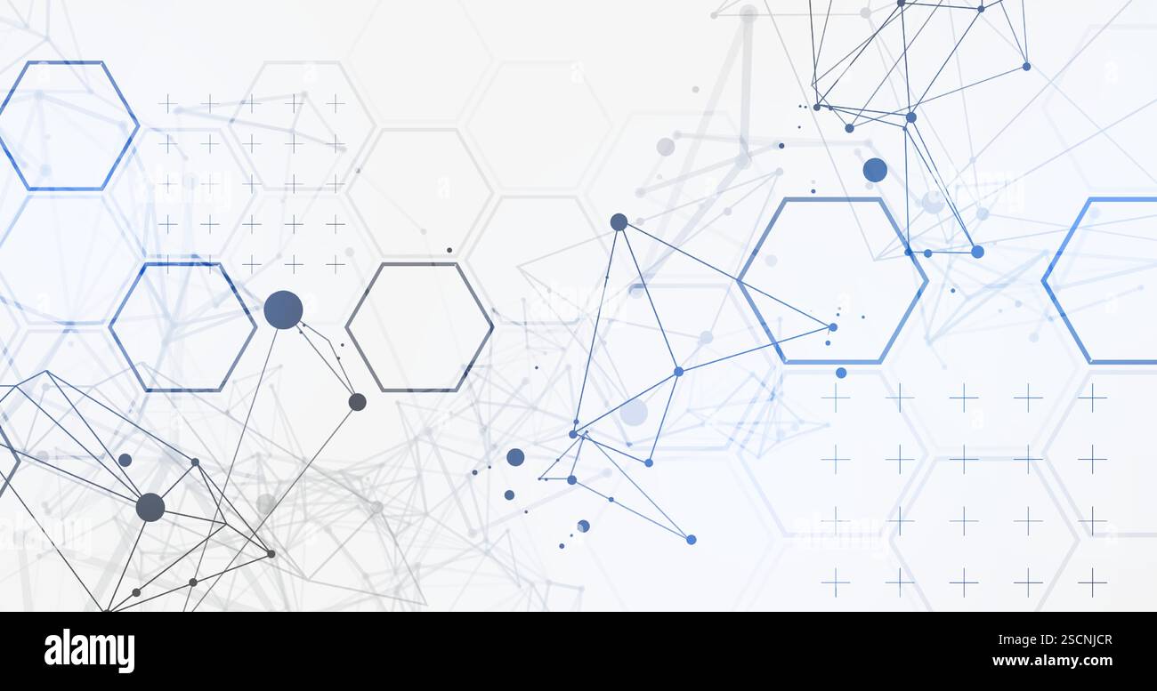 Abstract scientific vector background. Light gray gradient of hexagons of different shapes with plexus effect. Stock Vector
