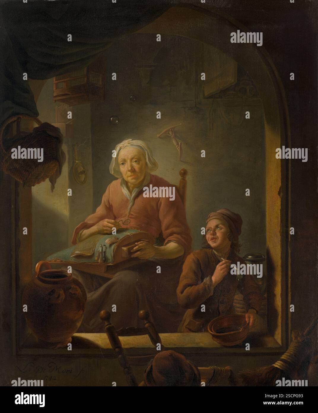 A Lacemaker, with a Boy Blowing Bubbles. Stock Photo