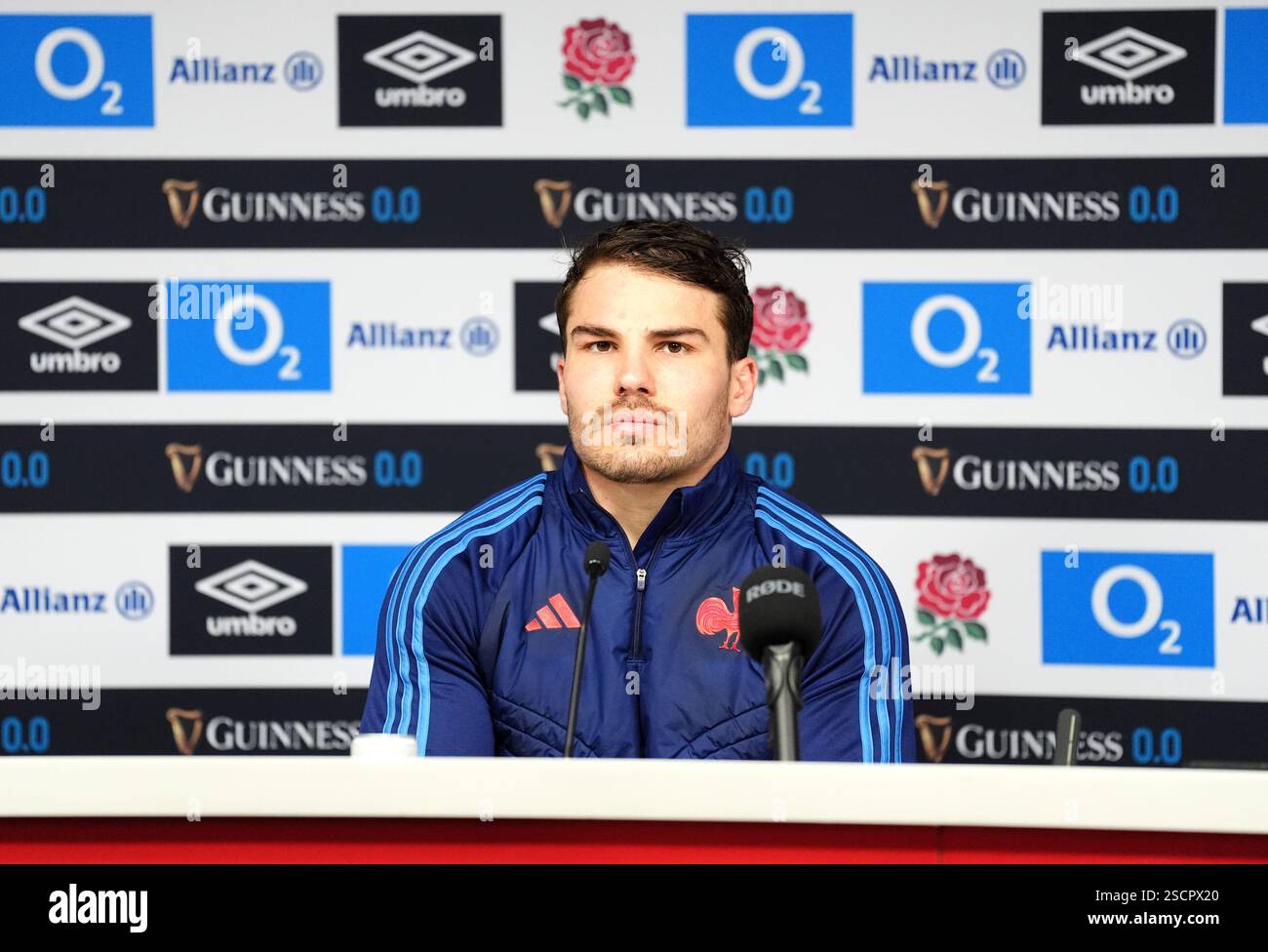 France's Antoine Dupont during a press conference at the Allianz