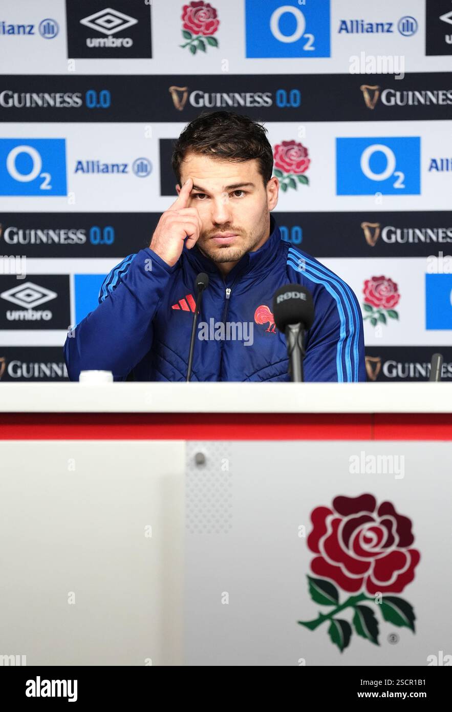 France's Antoine Dupont during a press conference at the Allianz