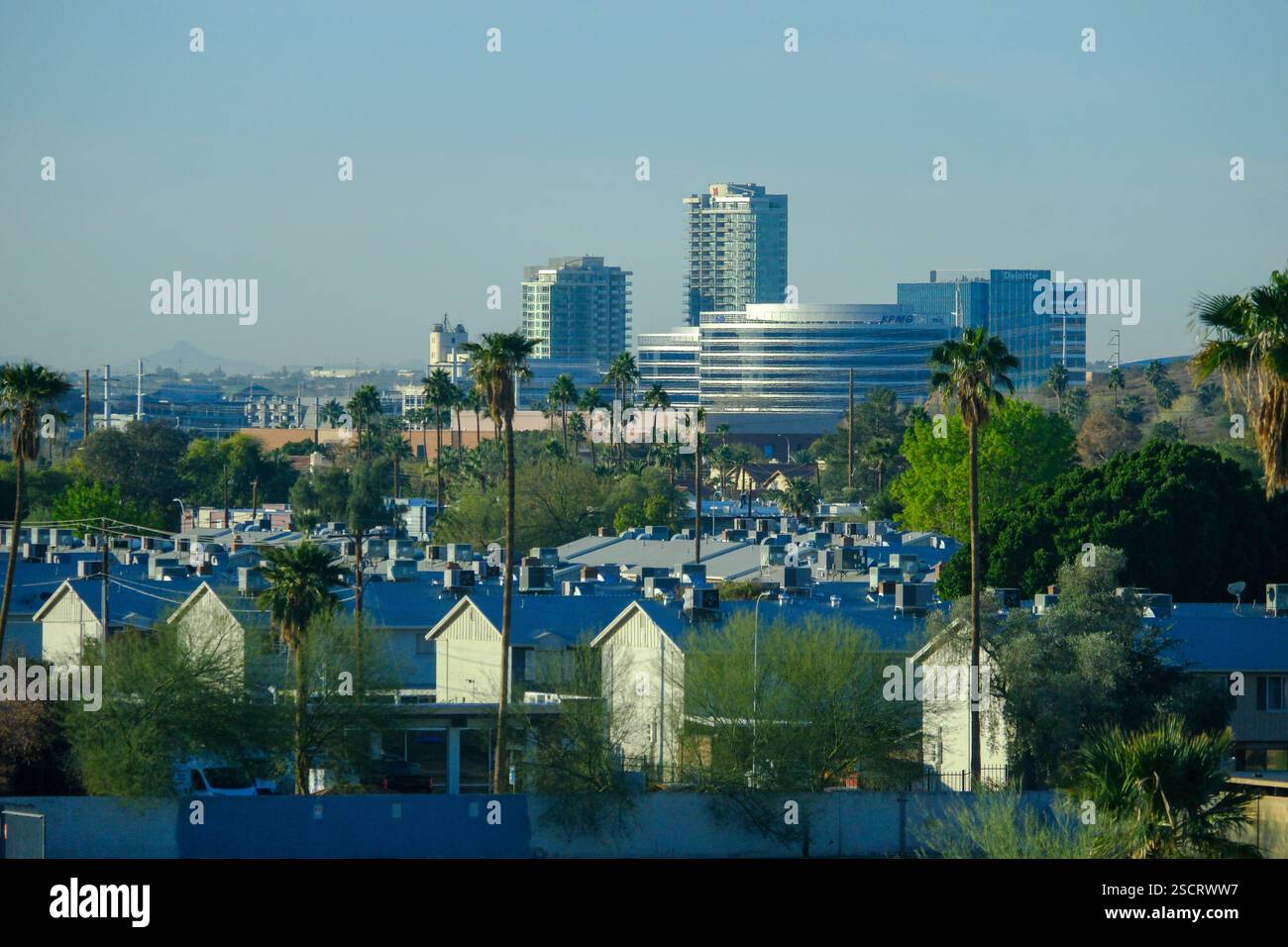 Scottsdale, AZ, USA - 20 JAN 2025 - A view over Scottsdale, Phoenix, Arizona showing the downtown urban sprawl and distant mountains. Stock Photo