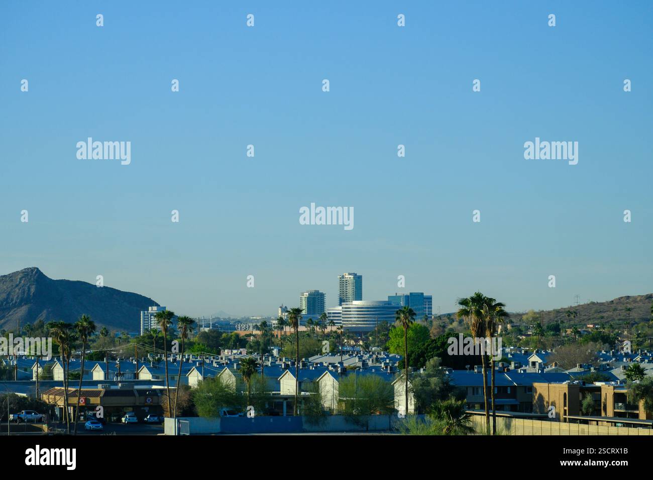 Scottsdale, AZ, USA - 20 JAN 2025 - A view over Scottsdale, Phoenix, Arizona showing the downtown urban sprawl and distant mountains. Stock Photo