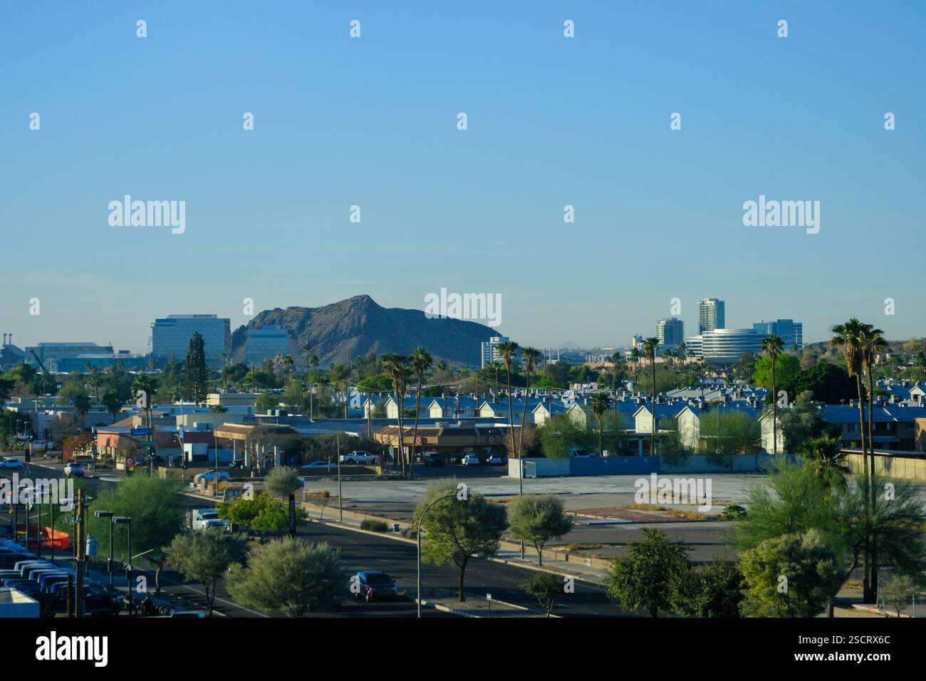 Scottsdale, AZ, USA - 20 JAN 2025 - A view over Scottsdale, Phoenix, Arizona showing the downtown urban sprawl and distant mountains. Stock Photo