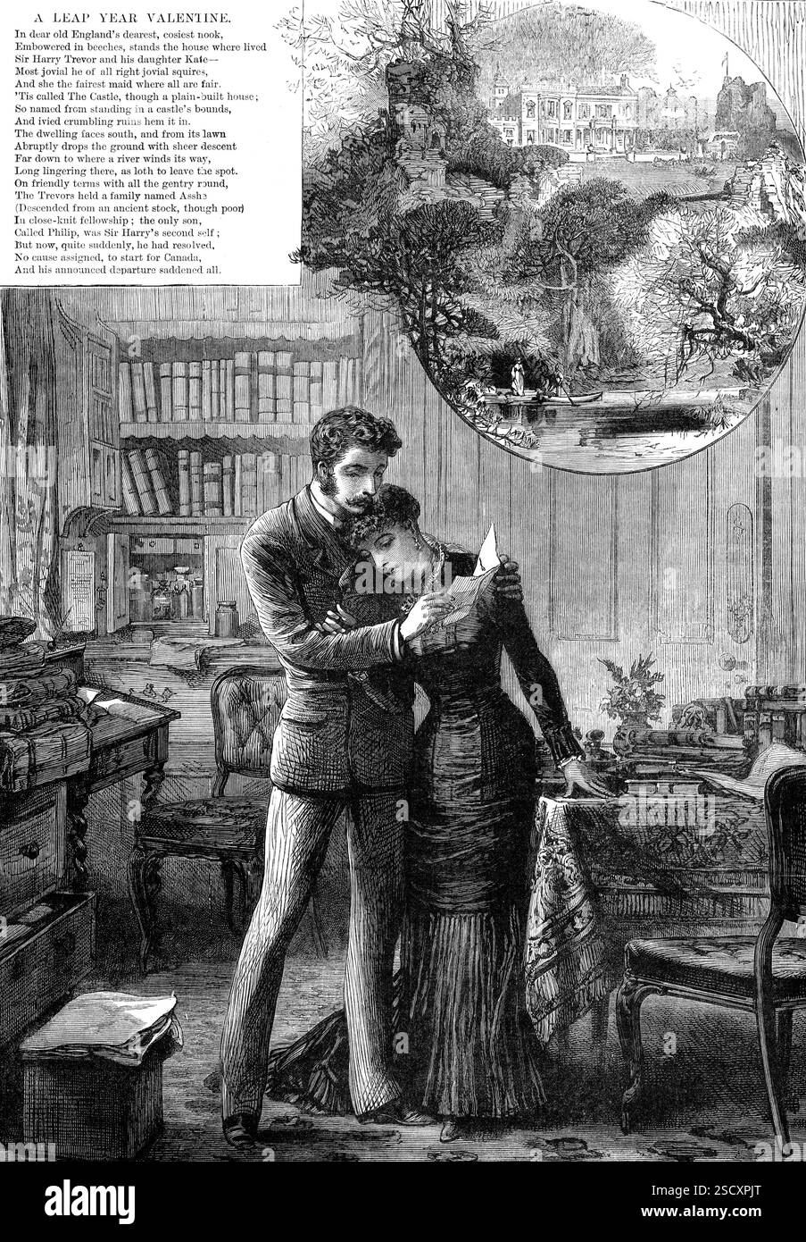 A Leap-Year Valentine, 1880. Illustration to a poem by John Latey. 'Upon the eve of sweet St. Valentine, Phil, passing through the Castle hall, met Kate...The girl, with one hand to her heart pressed hard, A letter from her bosom took, and said - &quot;Here is my answer; read it for yourself, And judge. To-morrow is St. Valentine; And when you stopped me so imperiously (I never knew you, Phil, so masterful To me before) I was about to place The letter in the post-bag, so that he To whom it is addressed (you see the name) Might have to-morrow morn a valentine, For Leap Year gives this license t Stock Photo