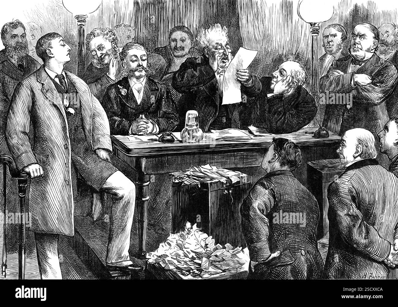 The General Election: reading the result of the poll, 1880. 'We present several Sketches of the Middlesex election on Saturday last, at the Brentford polling-place, "five minutes before" and "five minutes after" its precise moment of shutting up. Our Illustration of the scene at reading the result of the polling, in one of the metropolitan elections, may be regarded as generally characteristic of the manner in which the decision is made known to the candidates themselves, and to their most intimate political associates, who are admitted to the presence of the returning offi Stock Photo