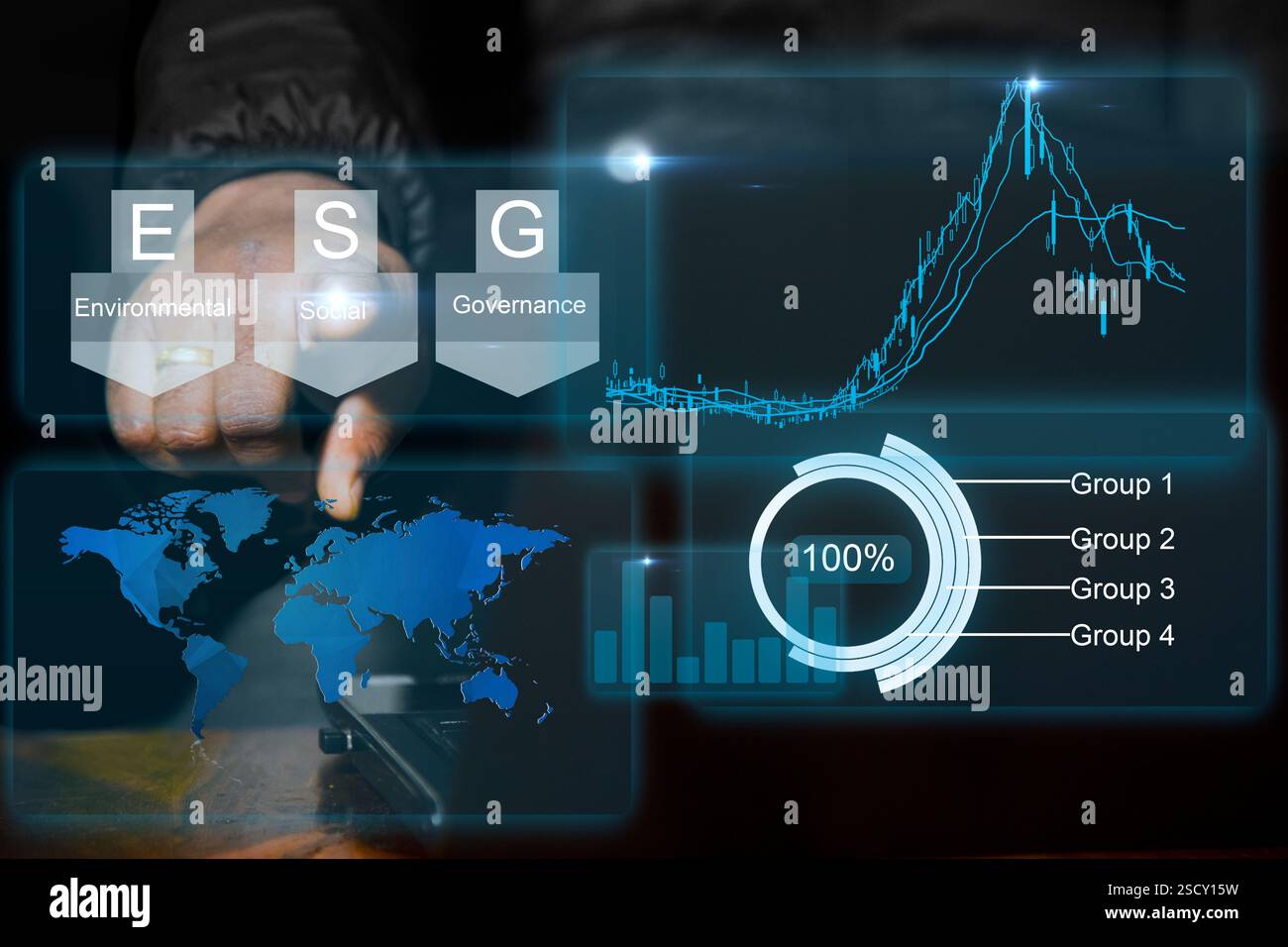 A digital interface displays ESG (Environmental, Social, Governance ...