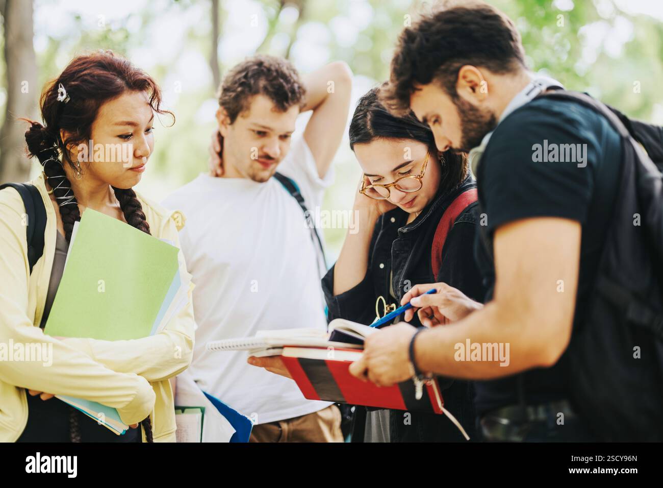 Multicultural students collaborating on schoolwork in park environment Stock Photo