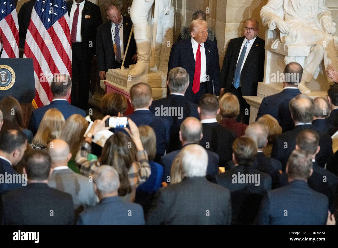 United States President Donald J Trump enters Statuary Hall in the US Capitol for the National Prayer Breakfast, on Thursday, February 6, 2025. Credit: Mattie Neretin/CNP /MediaPunch Stock Photo