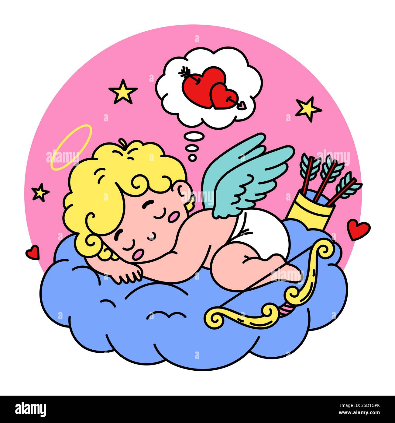 Vector illustration of adorable Cupid sleeping on a cloud. Perfect for ...