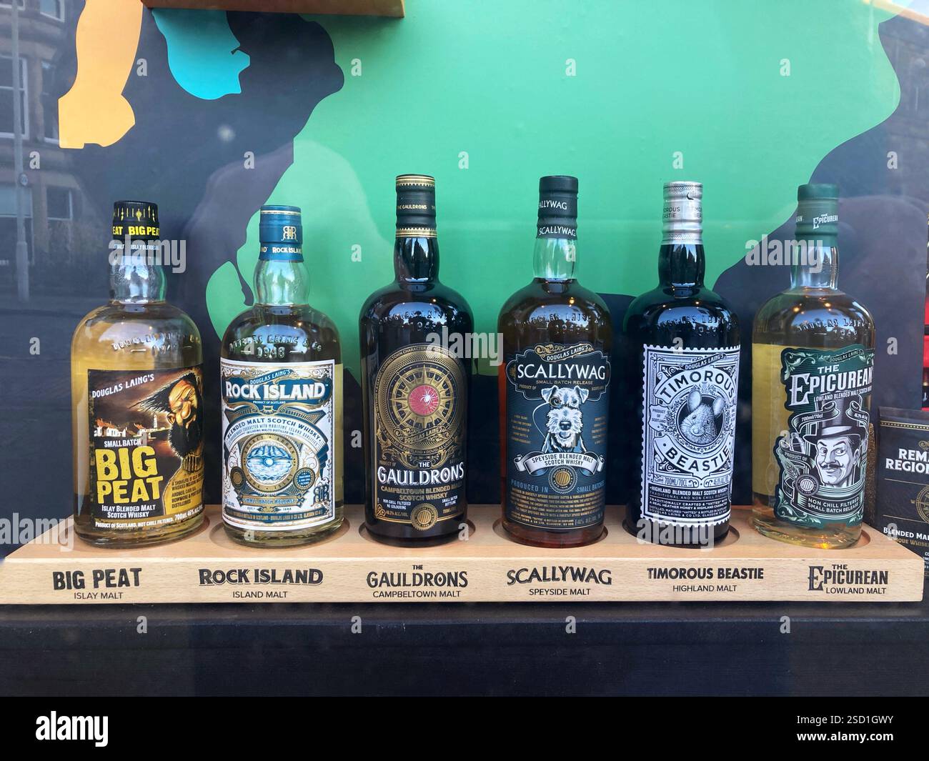 Selection of blended whisky brands for sale in an Edinburgh Shop - Smartphone Captured Stock Image