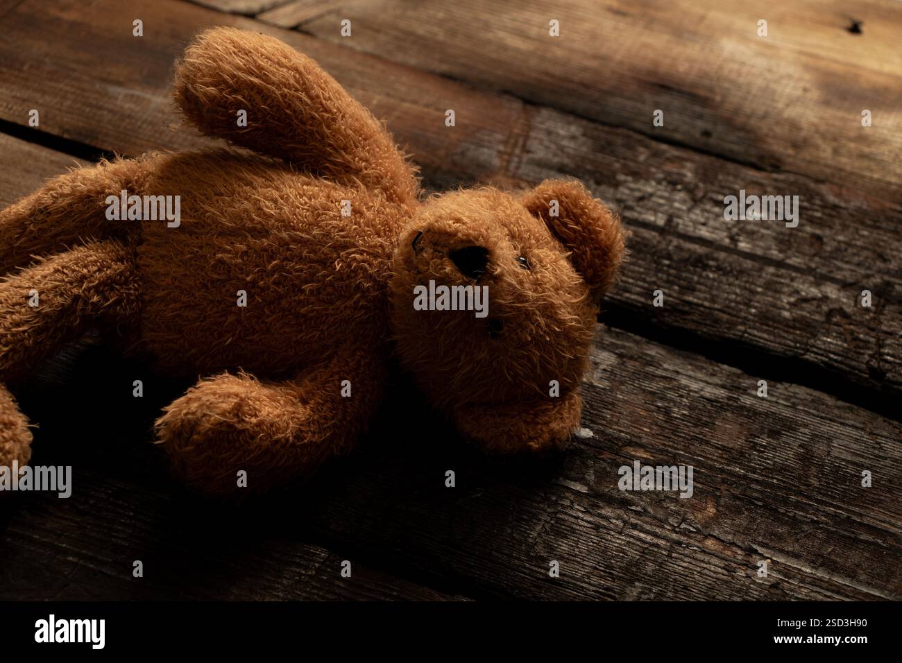 Brown soft teddy bear lying abandoned on the floor of a house Stock ...