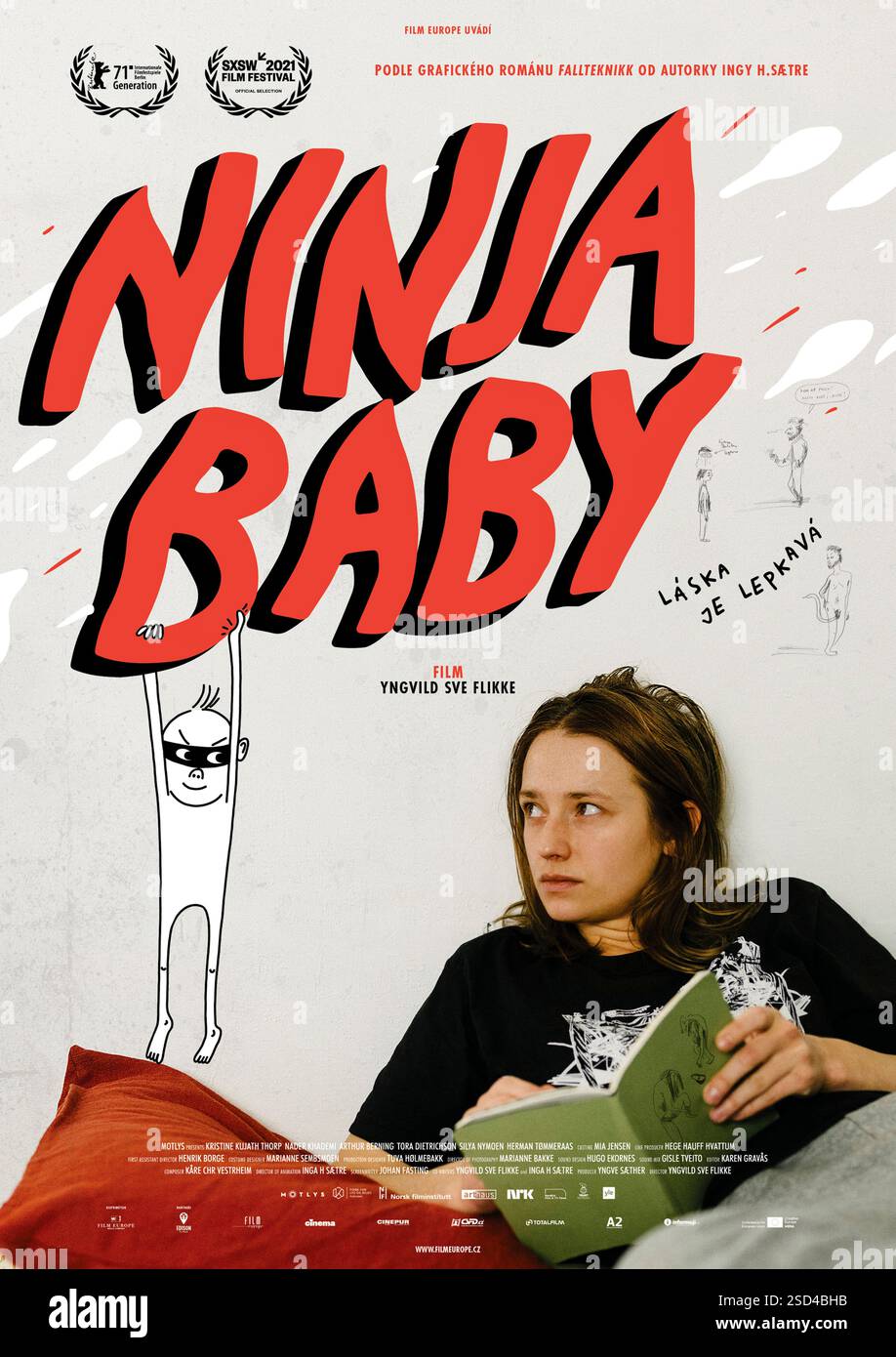 Ninjababy (2021) directed by Yngvild Sve Flikke and starring Kristine Kujath Thorp, Arthur Berning, and Nader Khademi. A 23-year-old aspiring cartoonist discovers she's six months pregnant from a one-night stand and must navigate her unexpected journey into potential motherhood while being haunted by an animated version of her unborn child. Norwegian one sheet poster EDITORIAL USE ONLY. Credit: BFA/Arthaus Stock Photo