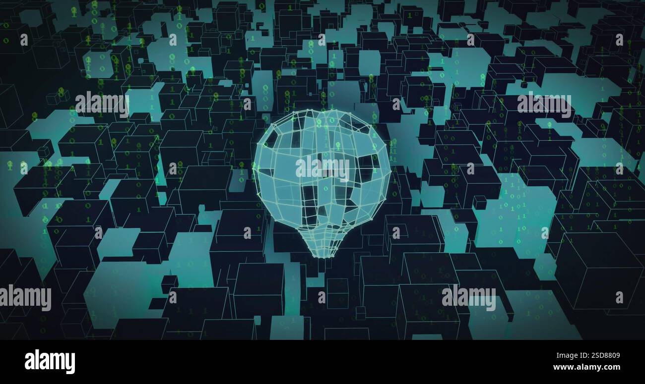 Image of digital wireframe globe floating among abstract data blocks in virtual space Stock Photo