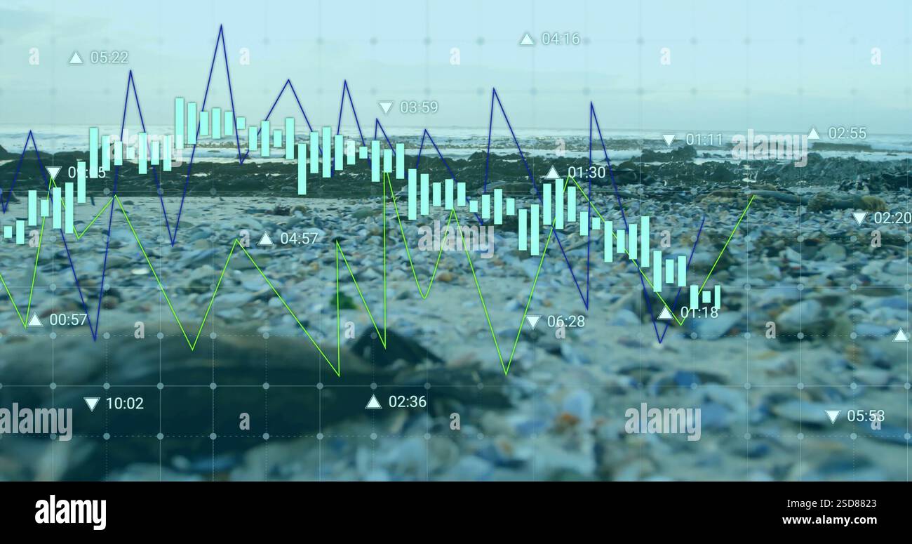 Financial data chart image over rocky beach background Stock Photo