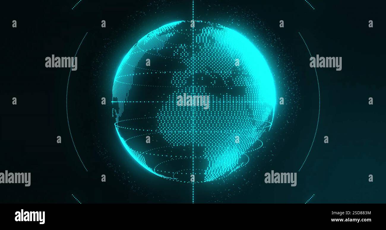 Glowing dots forming digital globe, showcasing global connectivity on black background Stock Photo