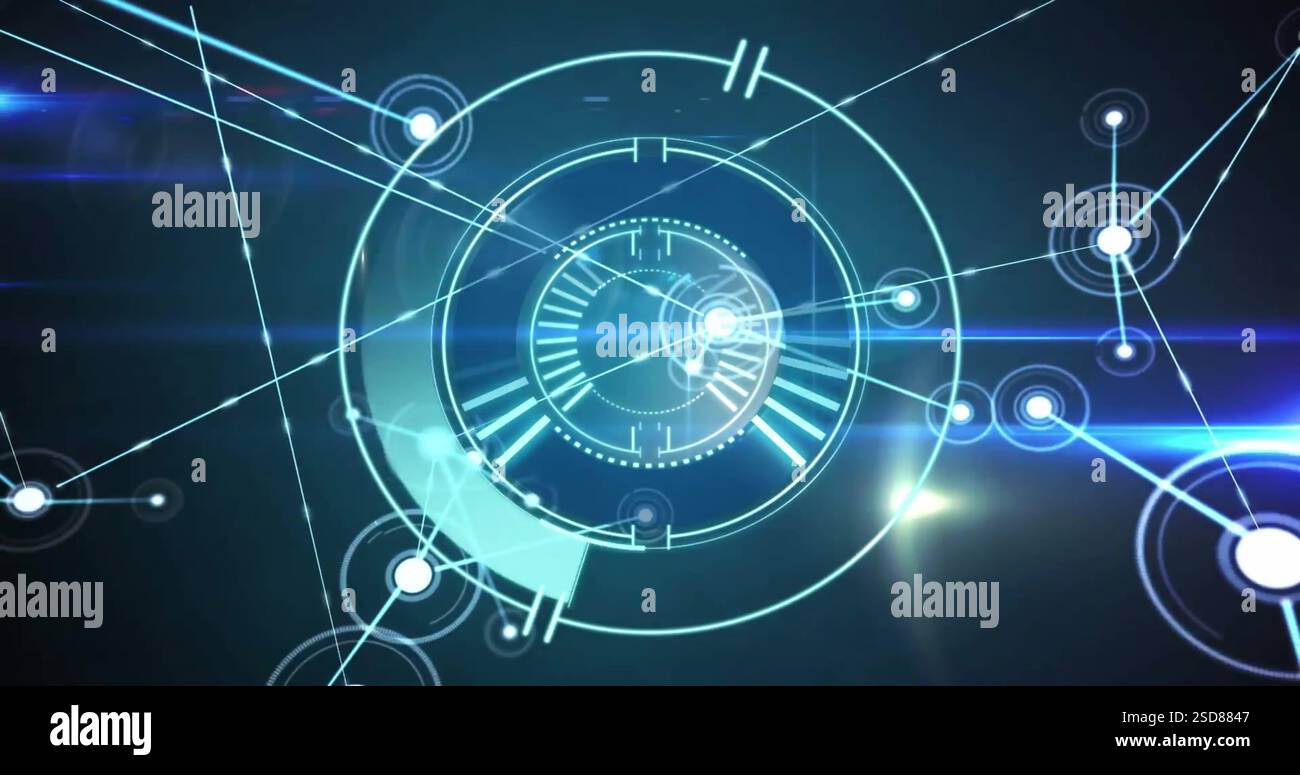 Image of circular scanner processing over network and blue lights on dark background Stock Photo