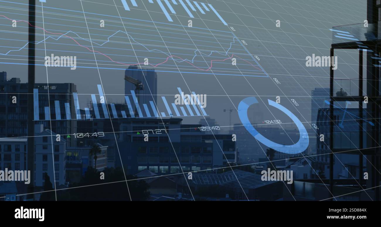 Financial data charts and graphs image over cityscape Stock Photo