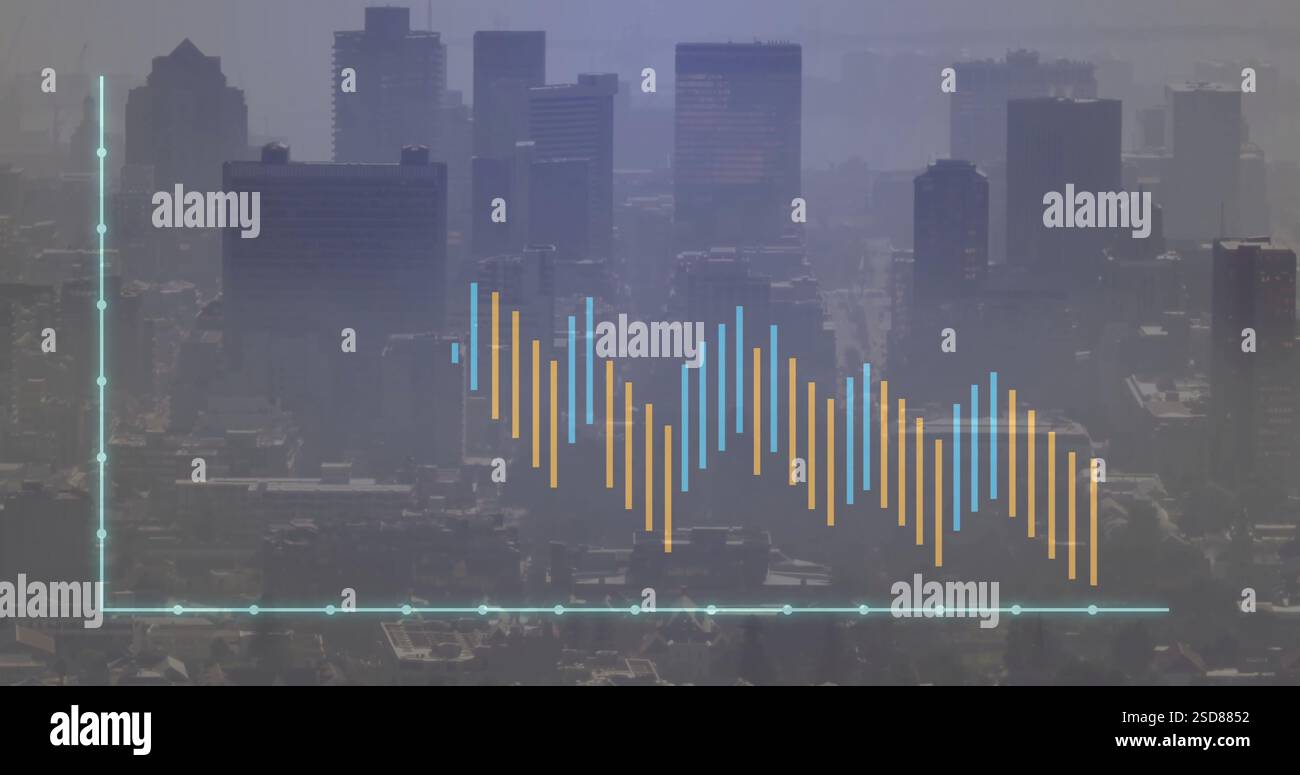 Financial data graph image over cityscape with skyscrapers Stock Photo