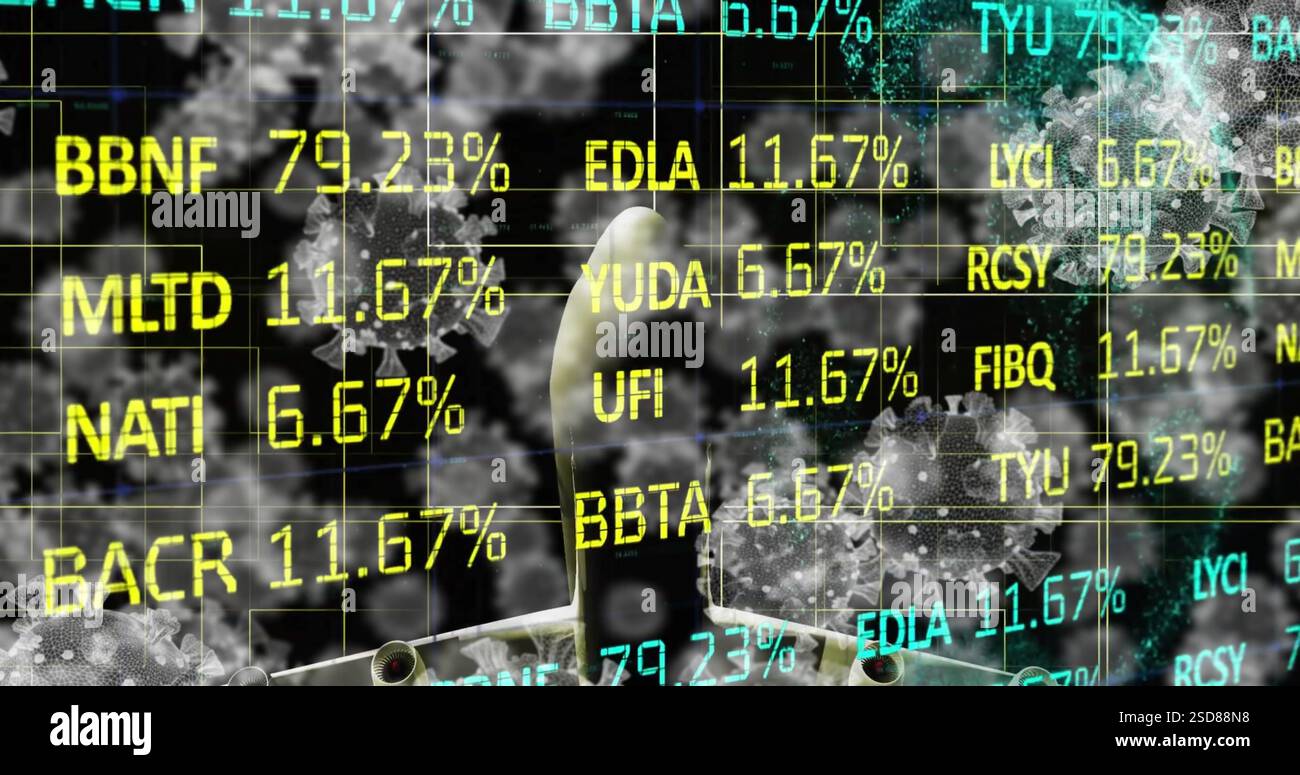 Image of financial data processing and virus cells Stock Photo