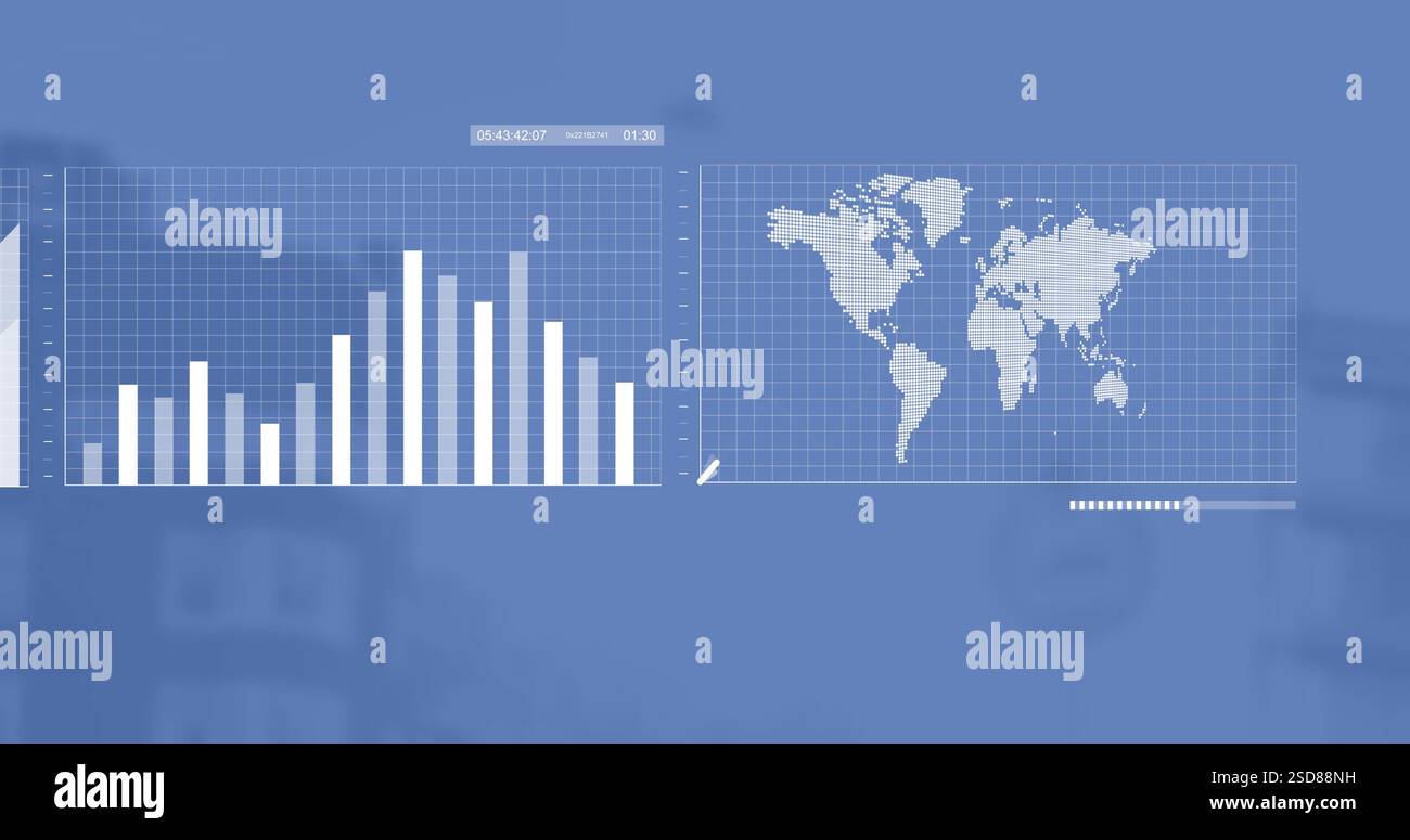Image of interface screens with charts processing data moving on blue background Stock Photo