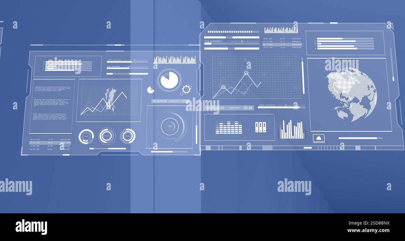 Image of interface screens with charts processing data moving on blue background Stock Photo