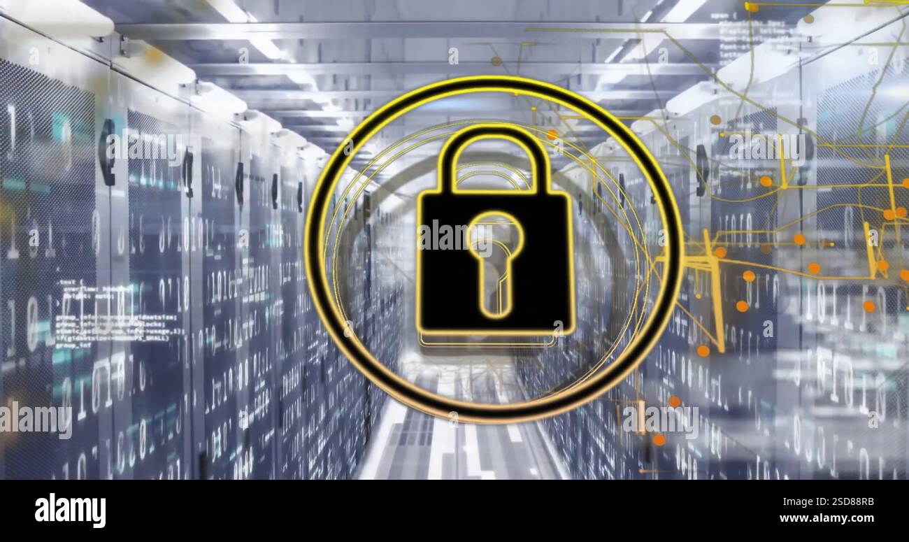 Image of padlock icon and data processing over computer servers Stock Photo