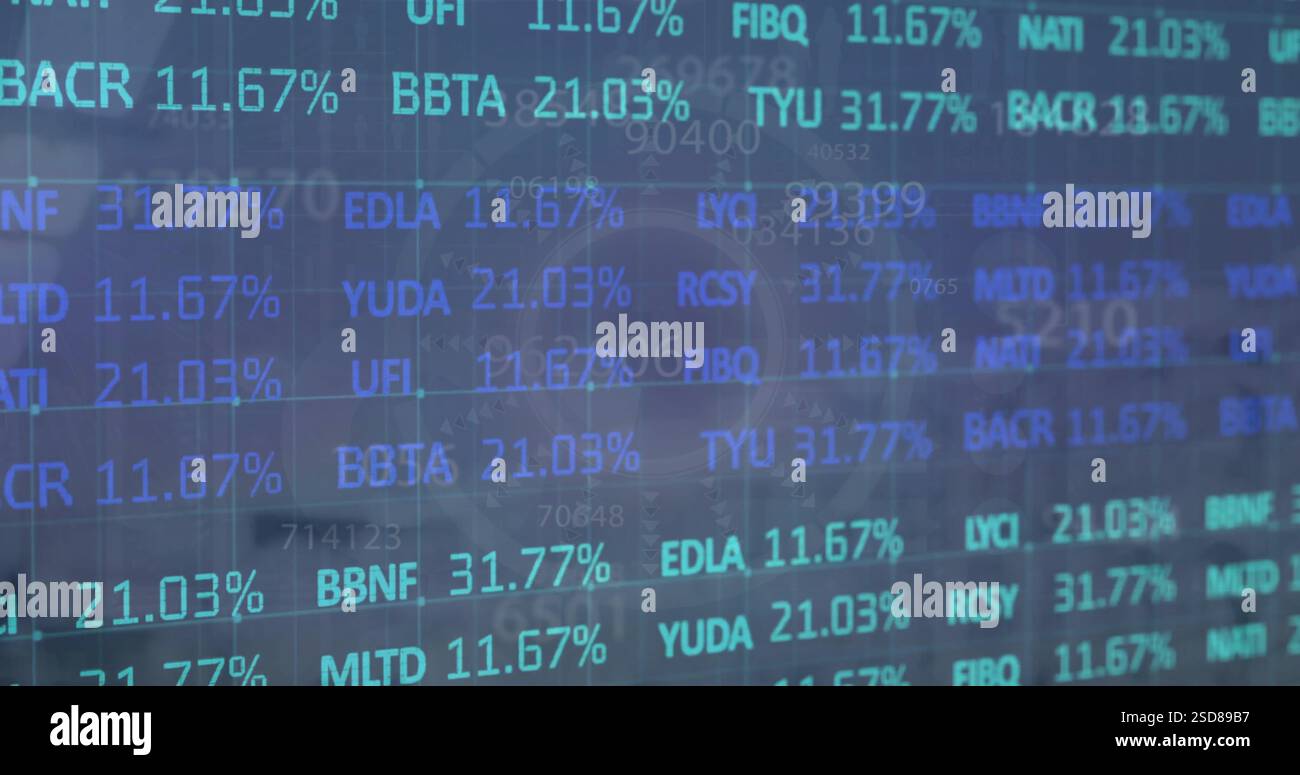 Image of financial data processing over circular scanner on grey background Stock Photo