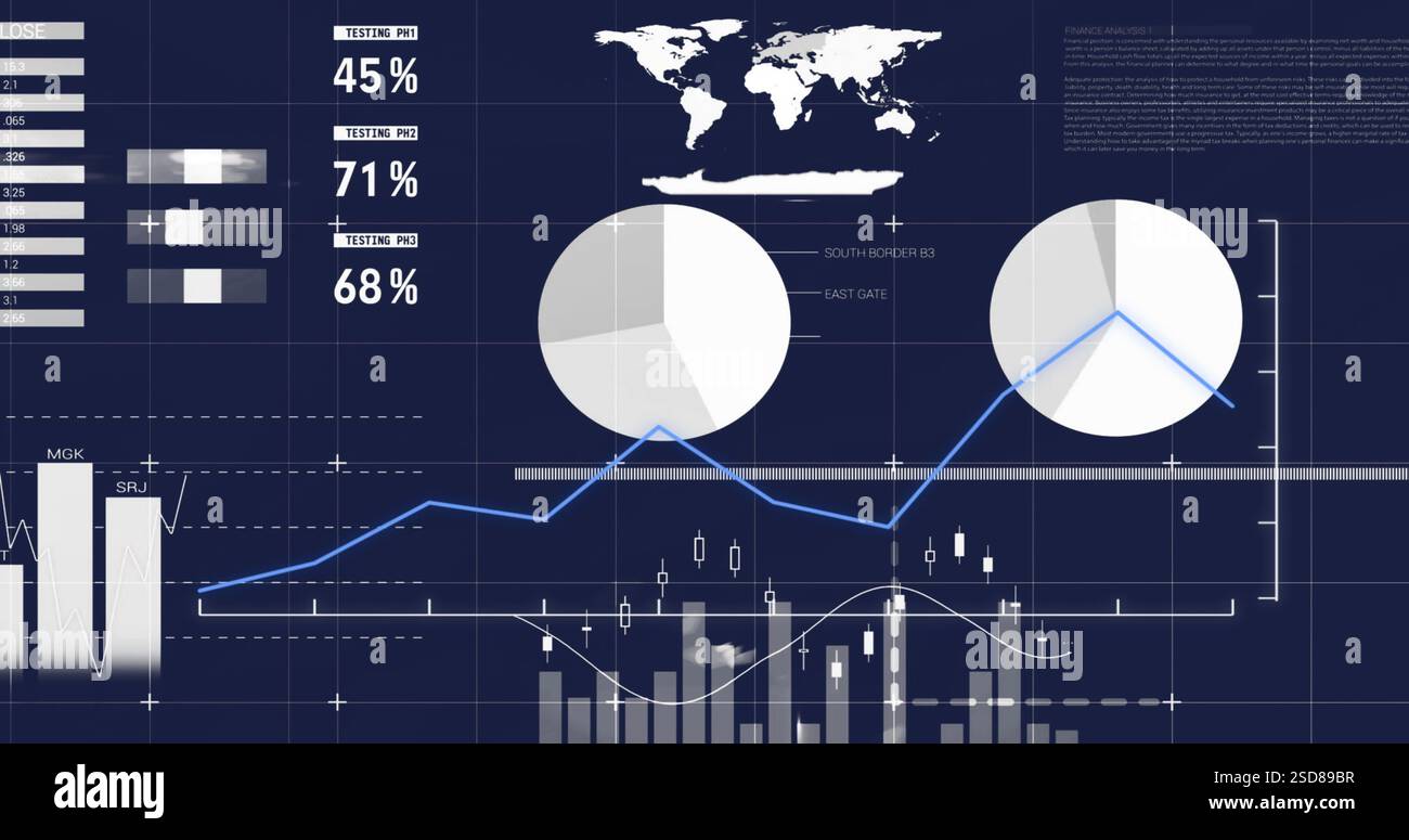Image of statistics and digital data processing over dark background Stock Photo