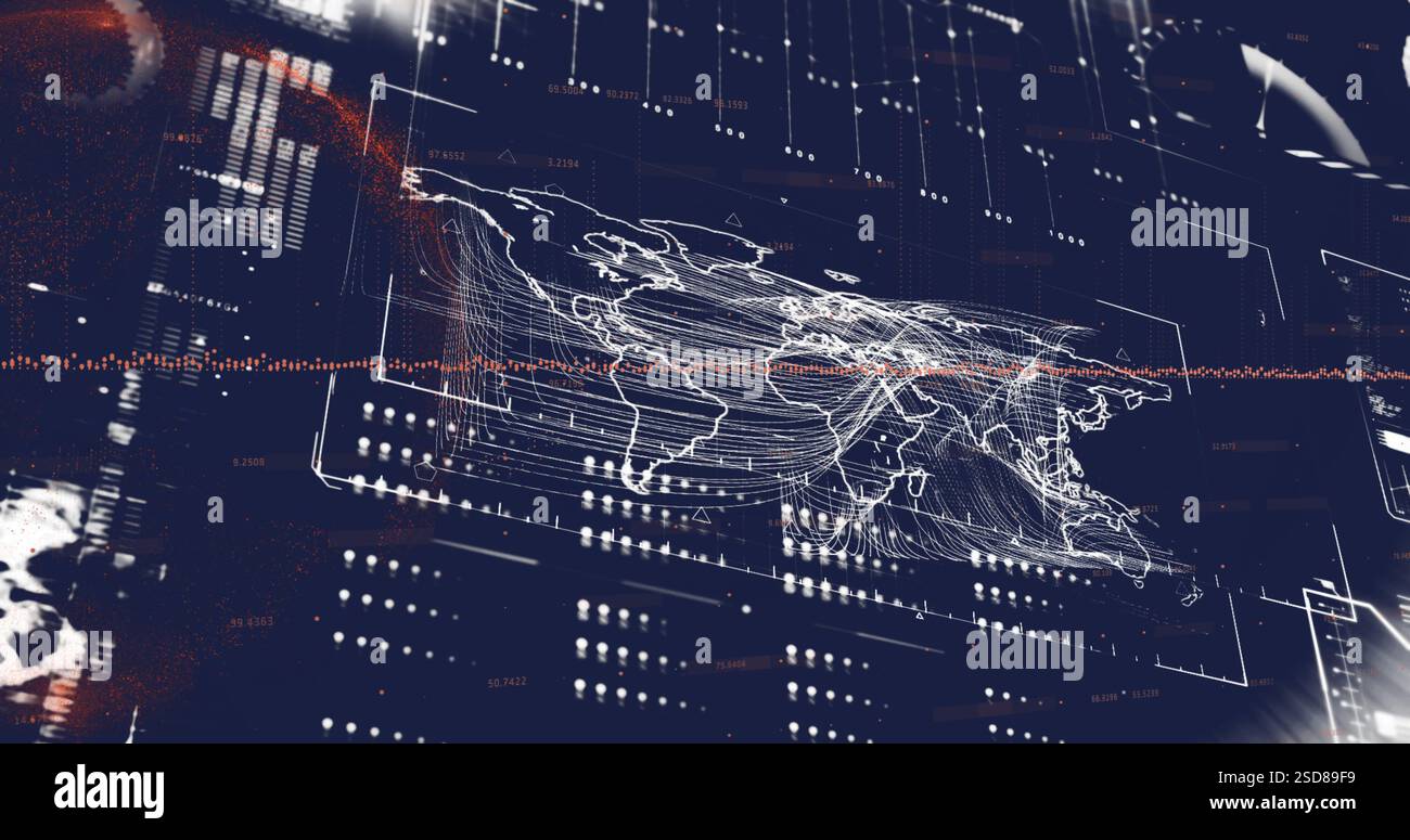 Image of world map and digital data processing over dark background ...