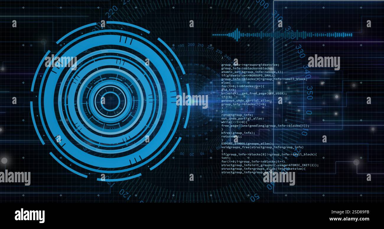 Image of scope scanning and data processing on black background. Global ...