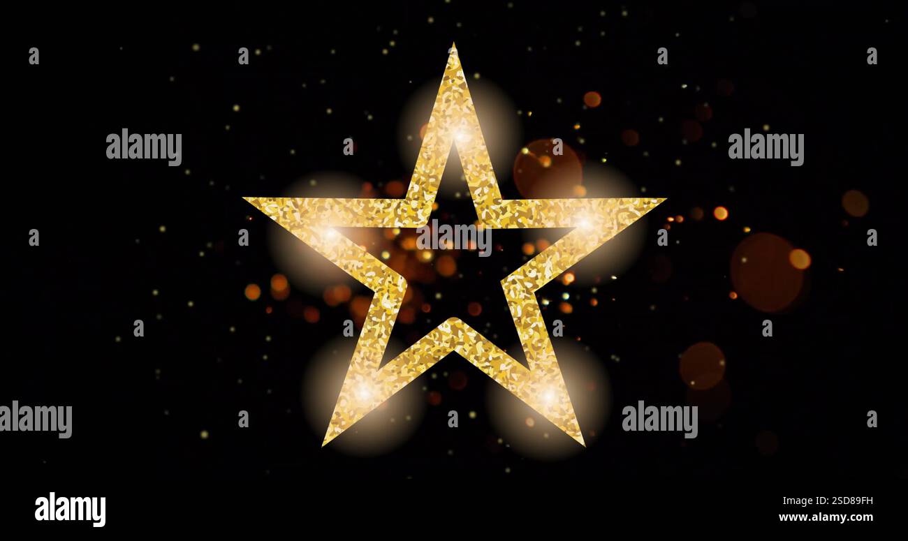 Image of light spots over golden star on black background Stock Photo
