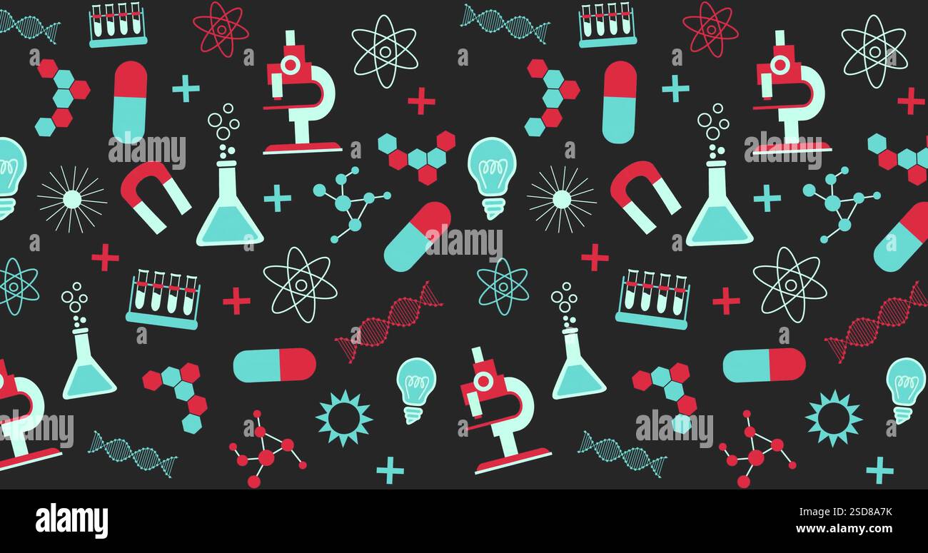 Image of science items icons on black background Stock Photo - Alamy