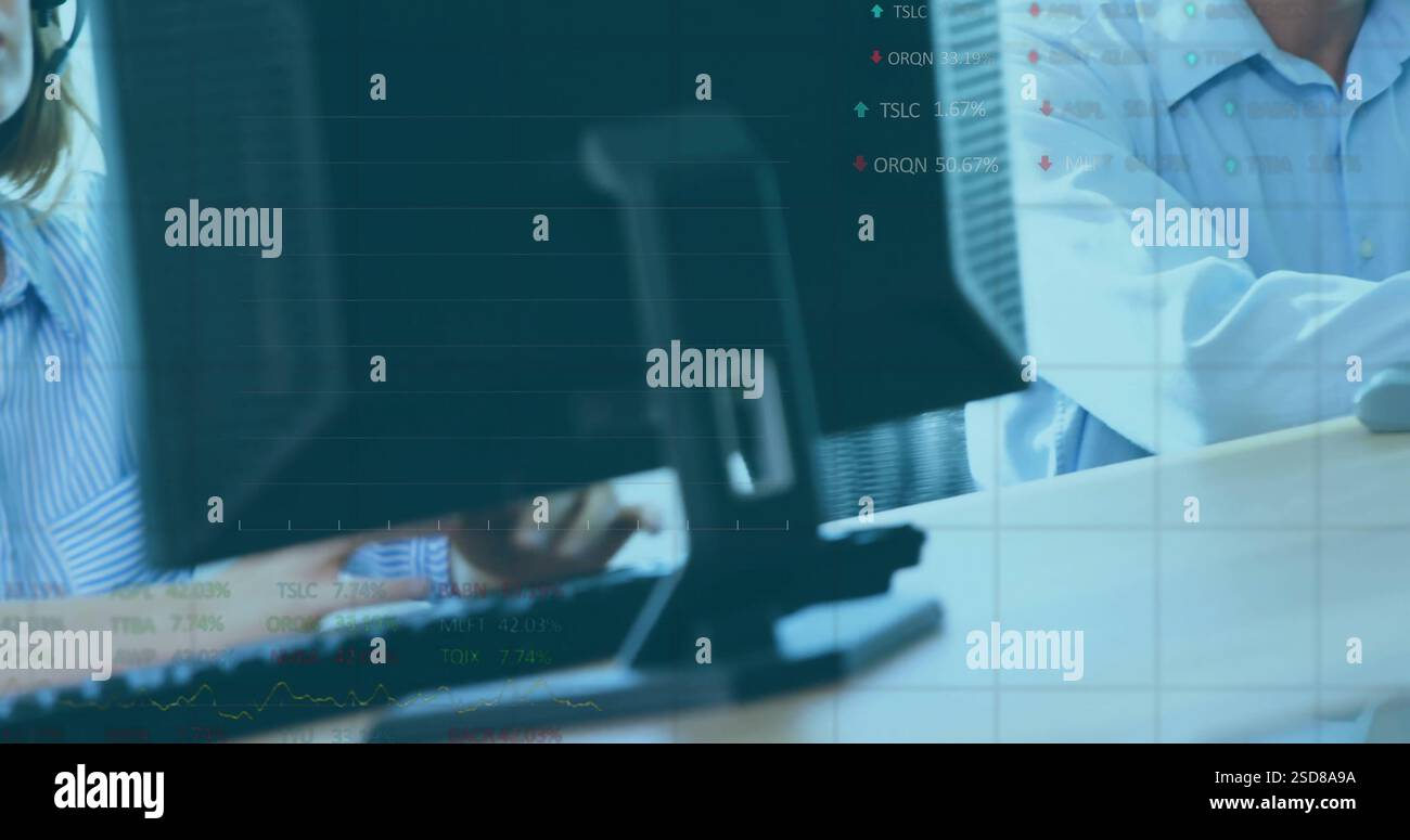 Image of data processing on charts over caucasian colleagues in headsets using computers Stock Photo