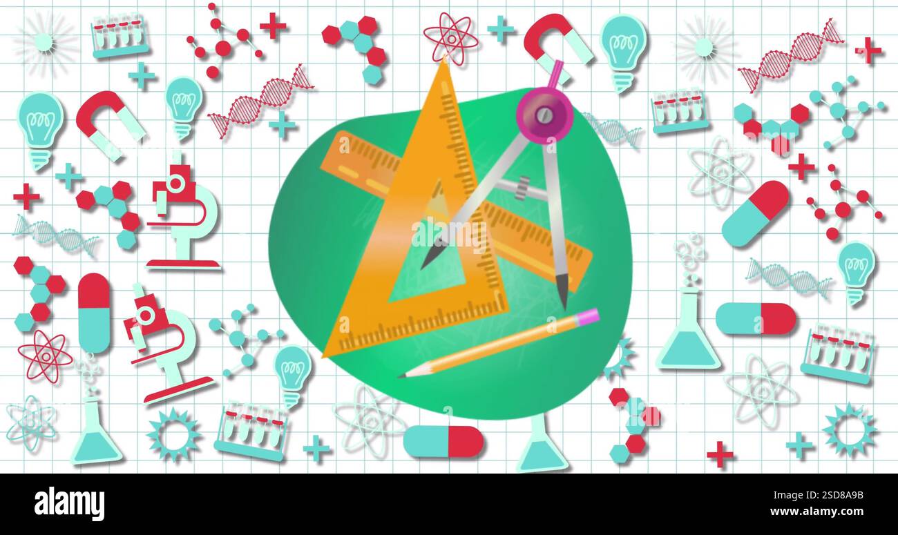 Image of drawing items over science icons Stock Photo