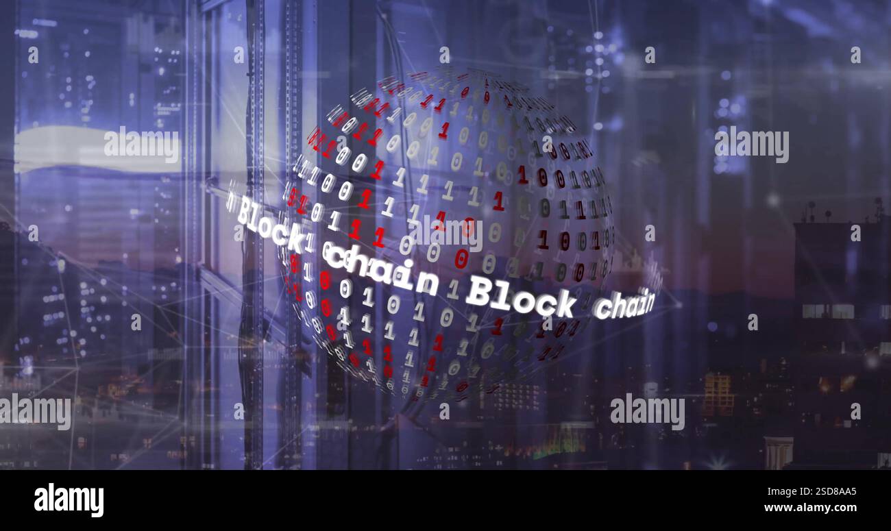 Image of block chain text and globe with data processing over dark background Stock Photo