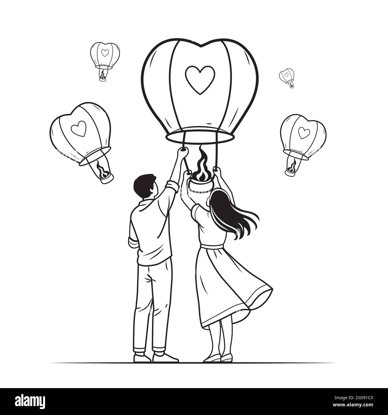 Love in the Air Couple with Heart Balloons EPS10 Stock Vector
