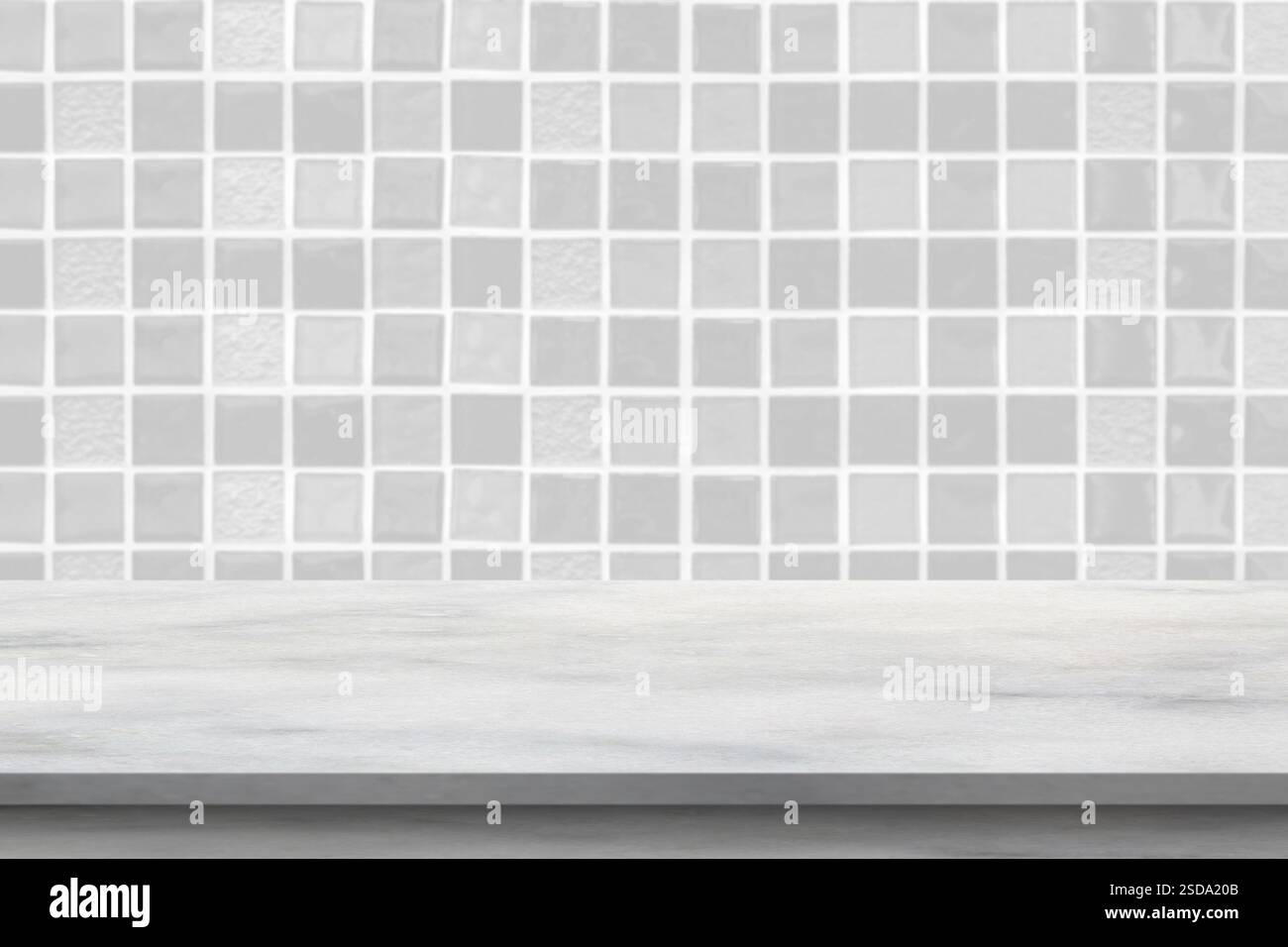 Empty white marble table top with blur tile wall bathroom background Stock Photo
