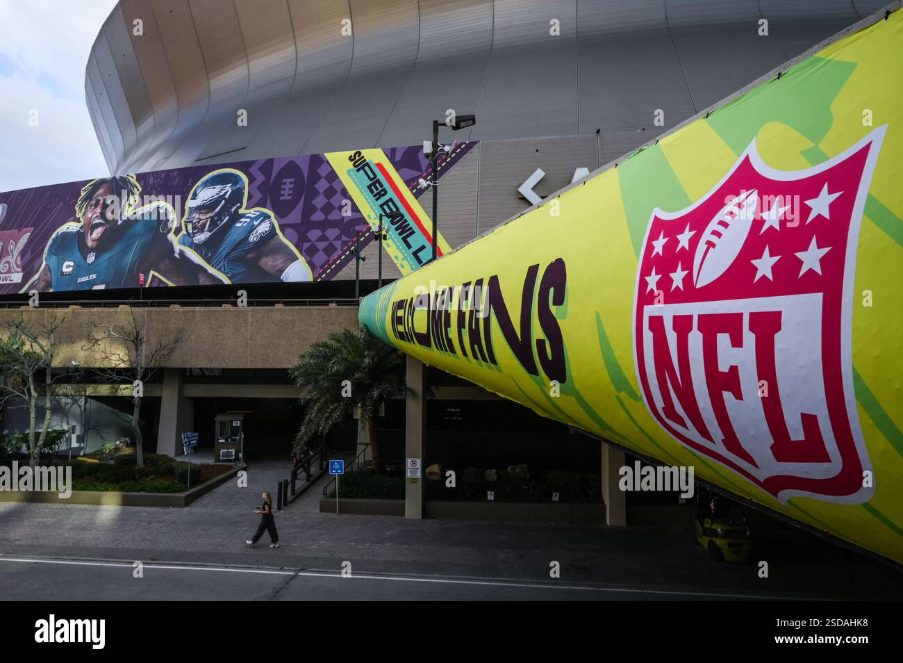 The Caesars Superdome is decorated with Super Bowl LIX decals in New ...